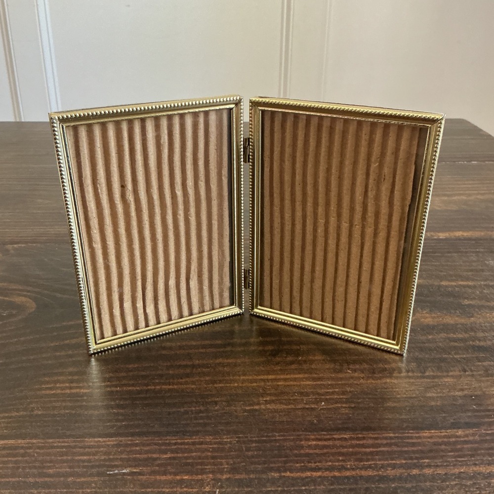 Vintage Gold Beaded Double Hinged Picture Frame 5x7 Folding Metal Bi-Fold